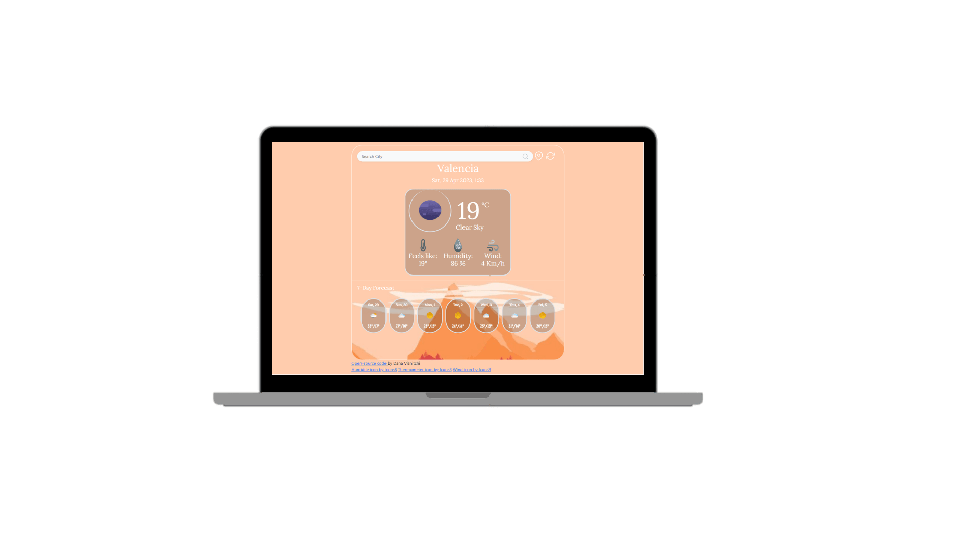 picture of weather app in
              a laptop, coded by Dana Visnitchi